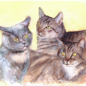 Commissioned cat group portrait painting in watercolor and pen