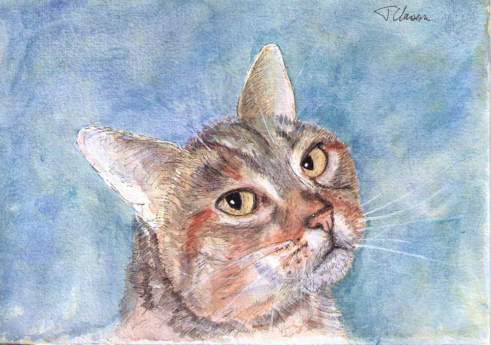 Cat portrait drawing in pen and watercolor for the winner of a previous giveaway